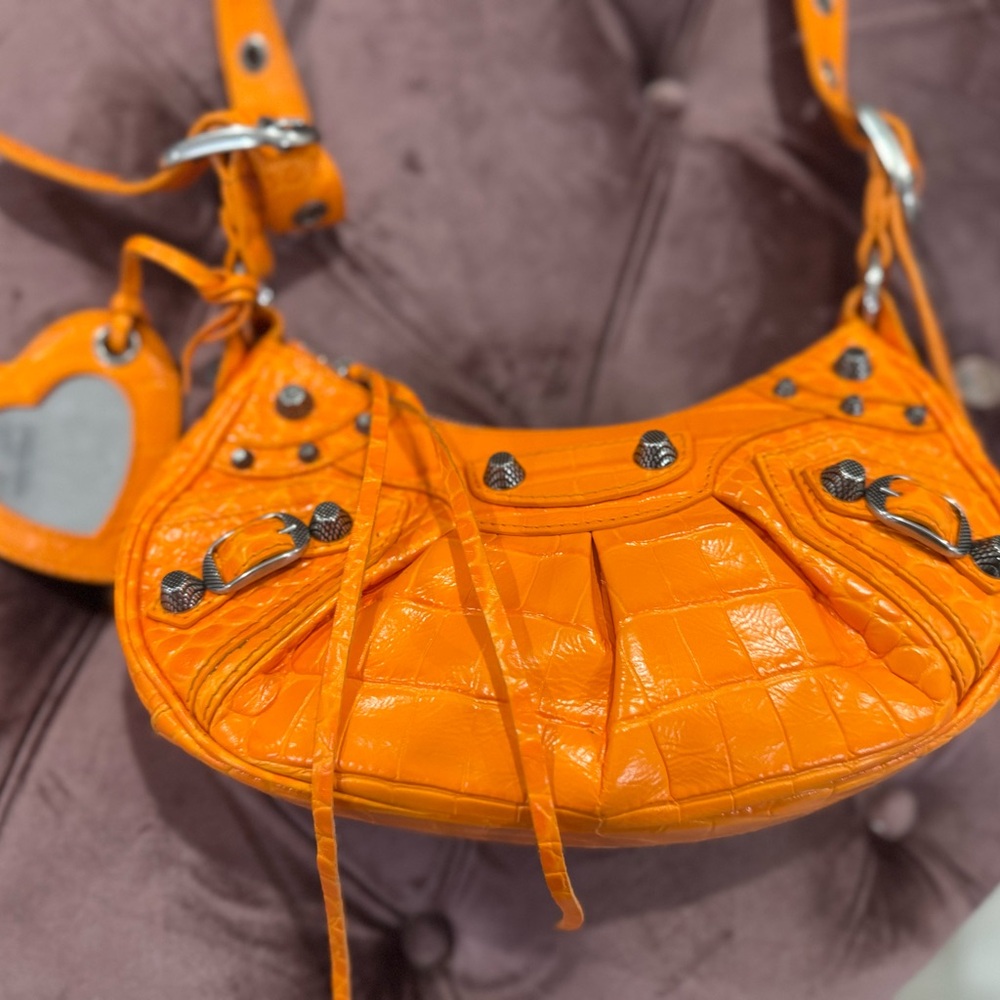 SOLD …Balenciaga Orange Croc-Embossed Shoulder Bag